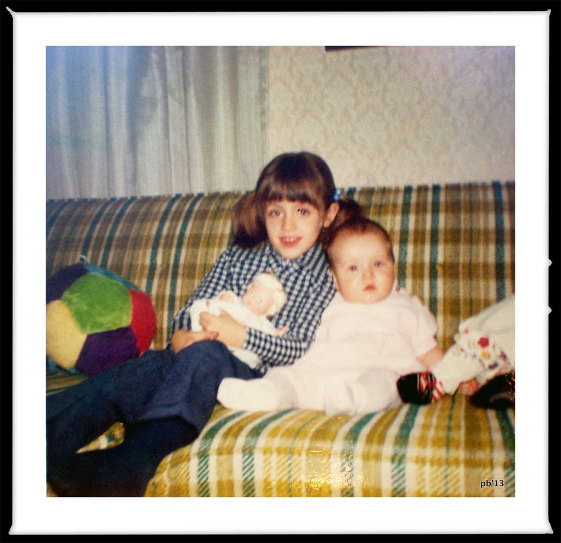 sisters on old 70s pukey green sofa