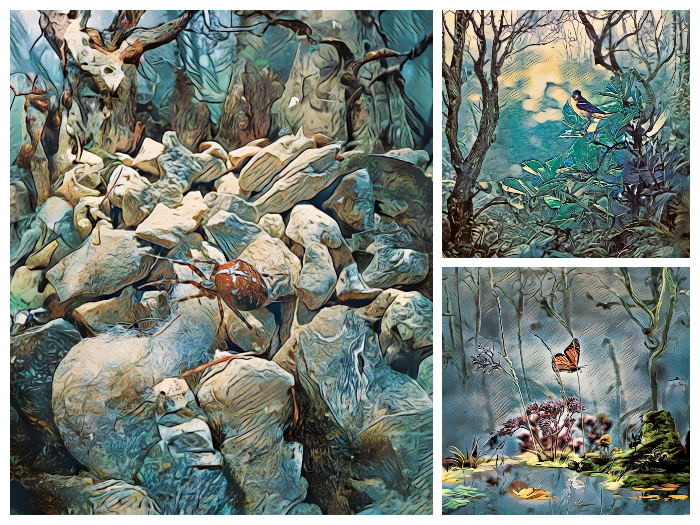 a collage of 3 images - first is of a spider on rocks, next is a songbird in a tree, third is a monarch butterfly fluttering over a pond. All three with a blue hue, and a retro fantasy comic book style. 