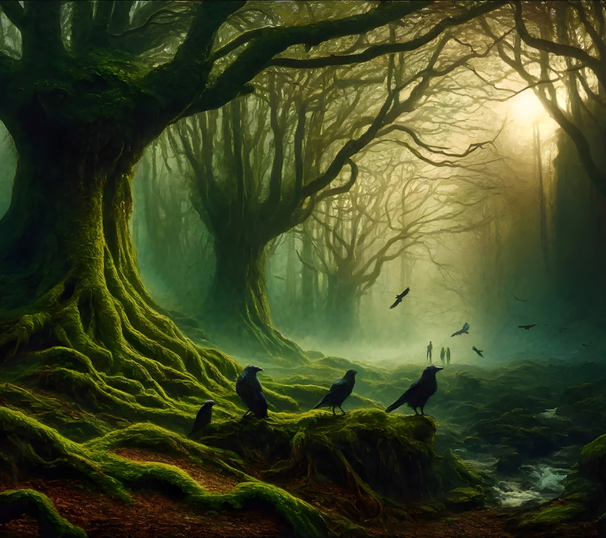 Crows in the foreground of a mysterious forest, with a shadowy group of figures in the background in a misty haze.